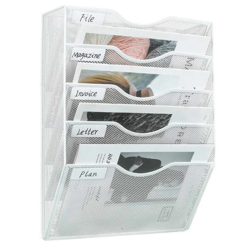 PAG Hanging Wall File Holder Mail Organizer Wall Mount Document Letter Rack, 5-Tier, White - Image 1